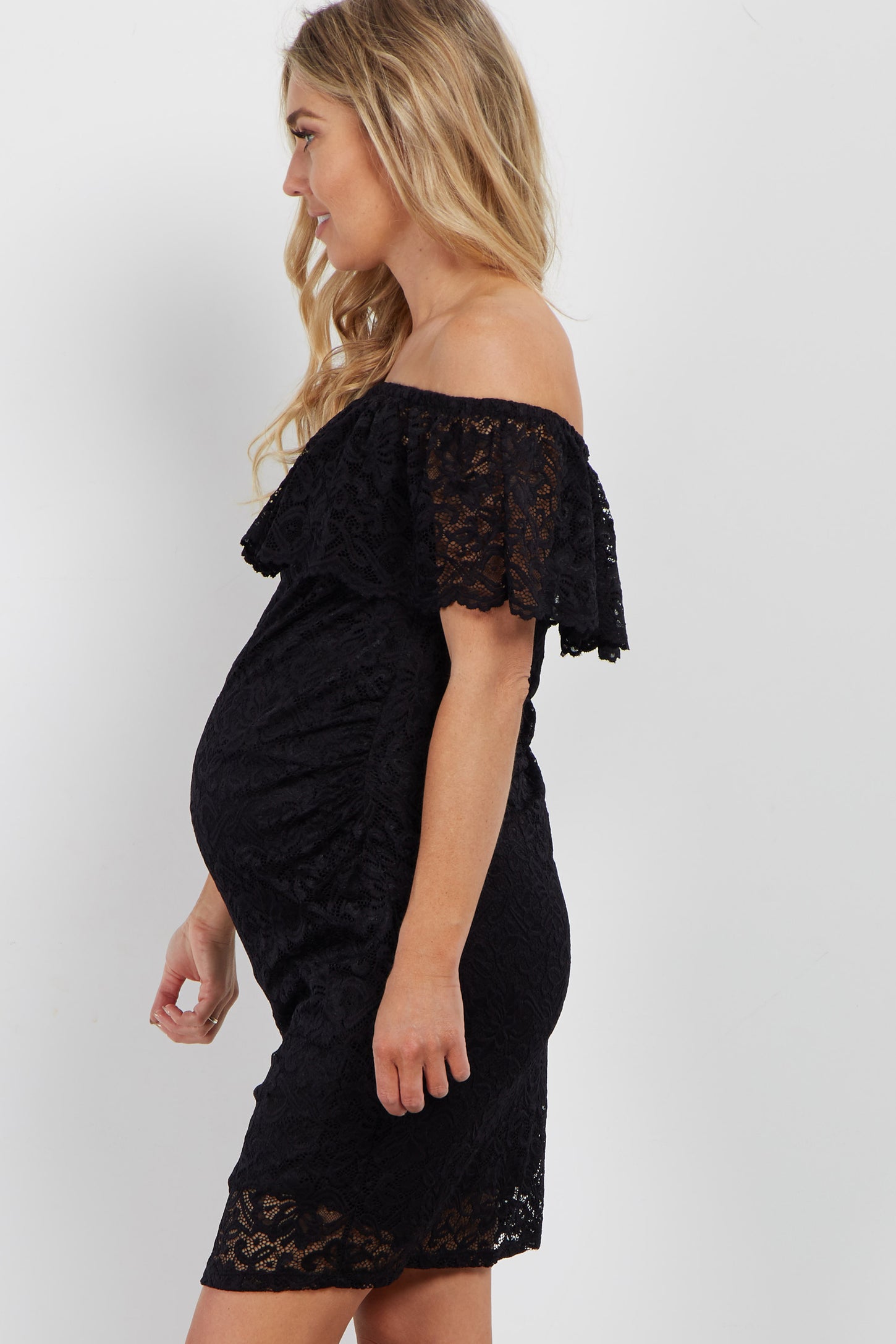 Black Lace Off Shoulder Fitted Maternity Dress
