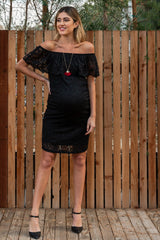 Black Lace Off Shoulder Fitted Maternity Dress