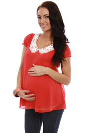 Red Dotted Short Sleeve Maternity Shirt W/Crochet