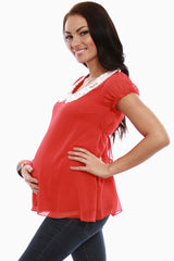 Red Dotted Short Sleeve Maternity Shirt W/Crochet