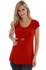 Red Brooch Short Sleeve Maternity Shirt