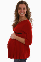 Red Pleated 3/4 Sleeve Maternity Shirt