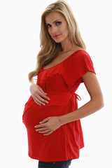 Red Layered Lace Short Sleeve Maternity Shirt