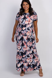 Navy Floral Short Sleeve Plus Maternity Maxi Dress
