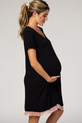 PinkBlush Black Lace Trim V-Neck Maternity Sleep Dress