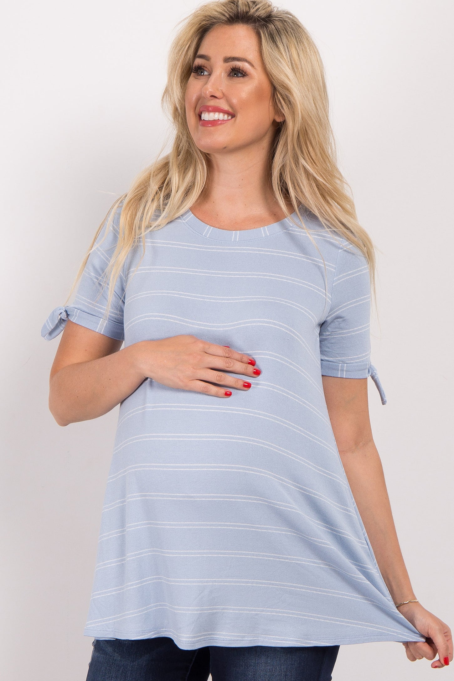 Blue Thin Striped Sleeve Tie Maternity Top