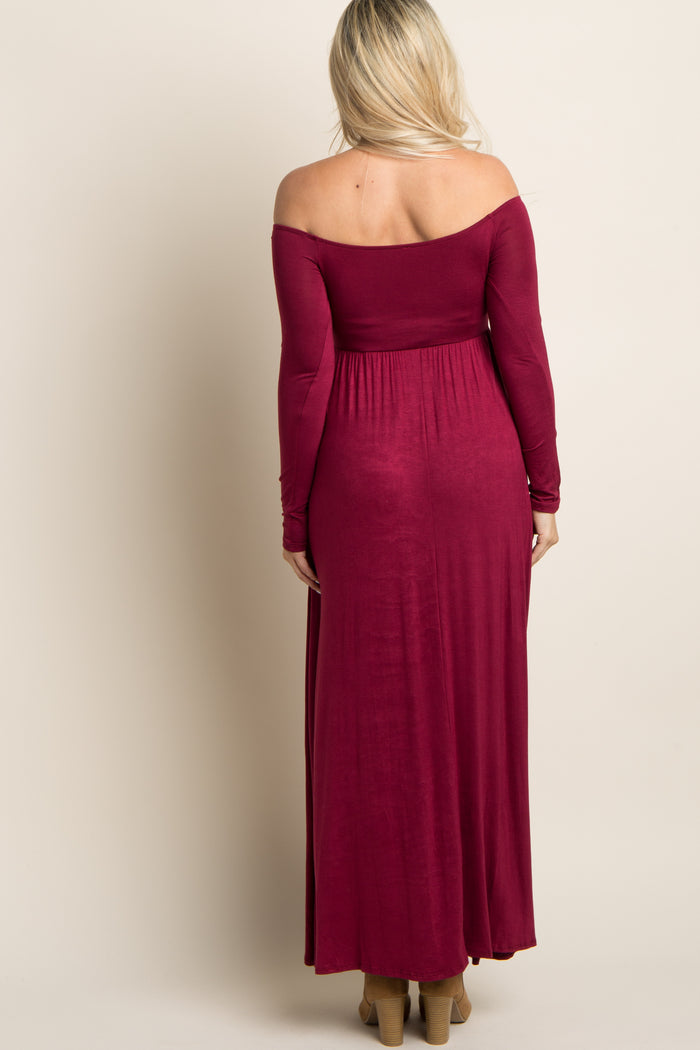 Dark Burgundy Solid Off Shoulder Maternity Maxi Dress