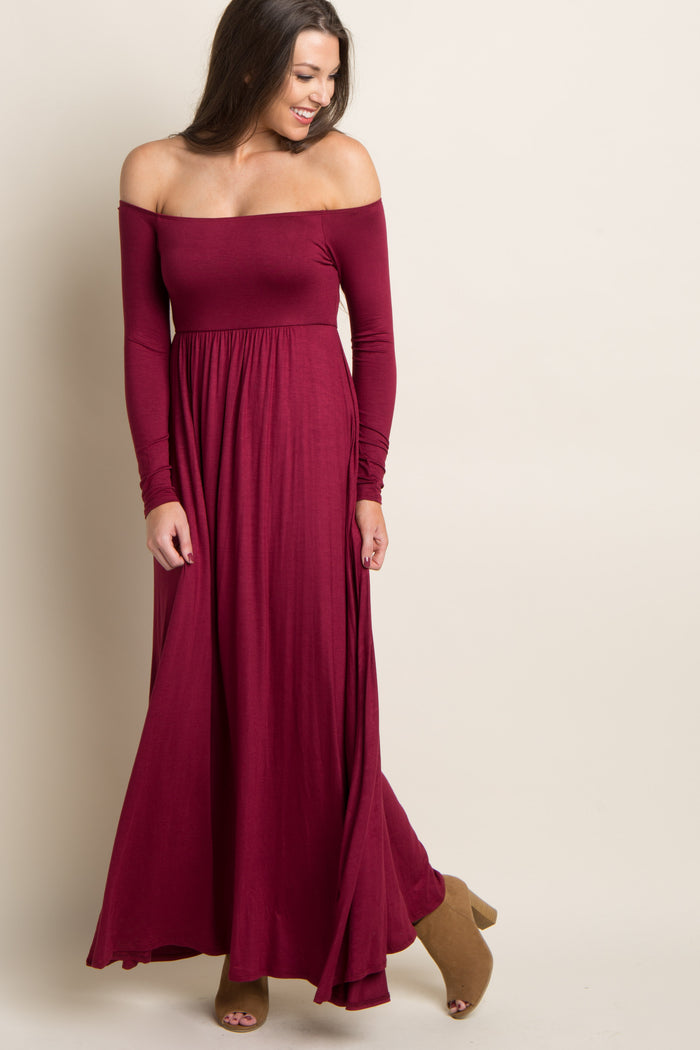 Dark Burgundy Solid Off Shoulder Maternity Maxi Dress