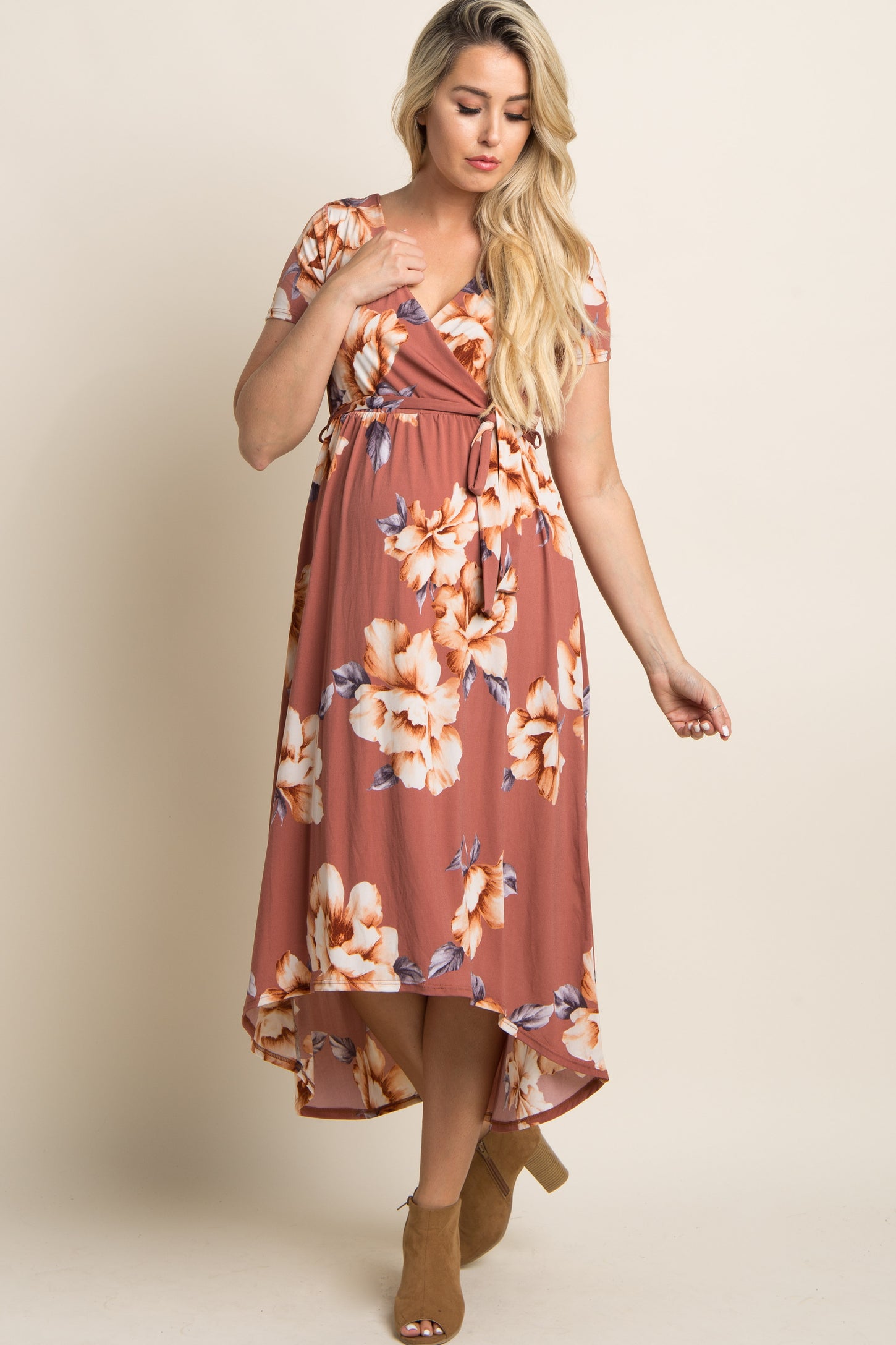 Rust Floral Hi-Low Maternity Wrap Dress