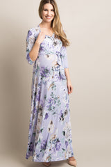 PinkBlush Lavender Abstract Floral Sash Tie Maternity/Nursing Maxi Dress