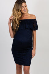 Navy Blue Lace Off Shoulder Fitted Maternity Dress