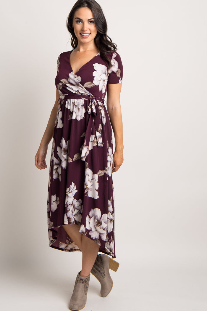 Plum Floral Hi-Low Maternity Wrap Dress