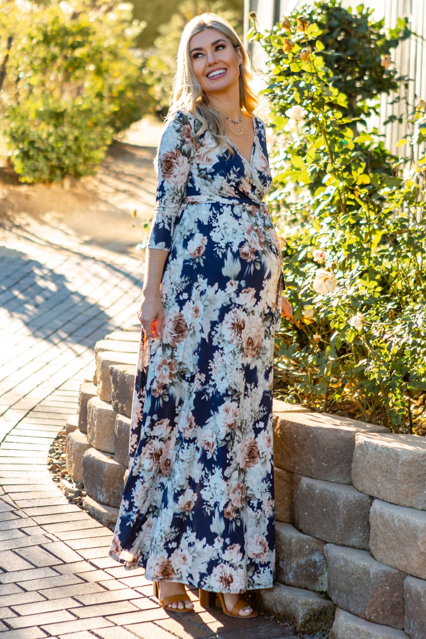 PinkBlush Blue Floral Sash Tie Maternity/Nursing Maxi Dress