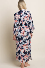 Navy Floral Delivery/Nursing Long Maternity Robe
