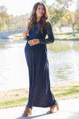 Navy Blue Lace Sleeve Maternity Maxi Dress