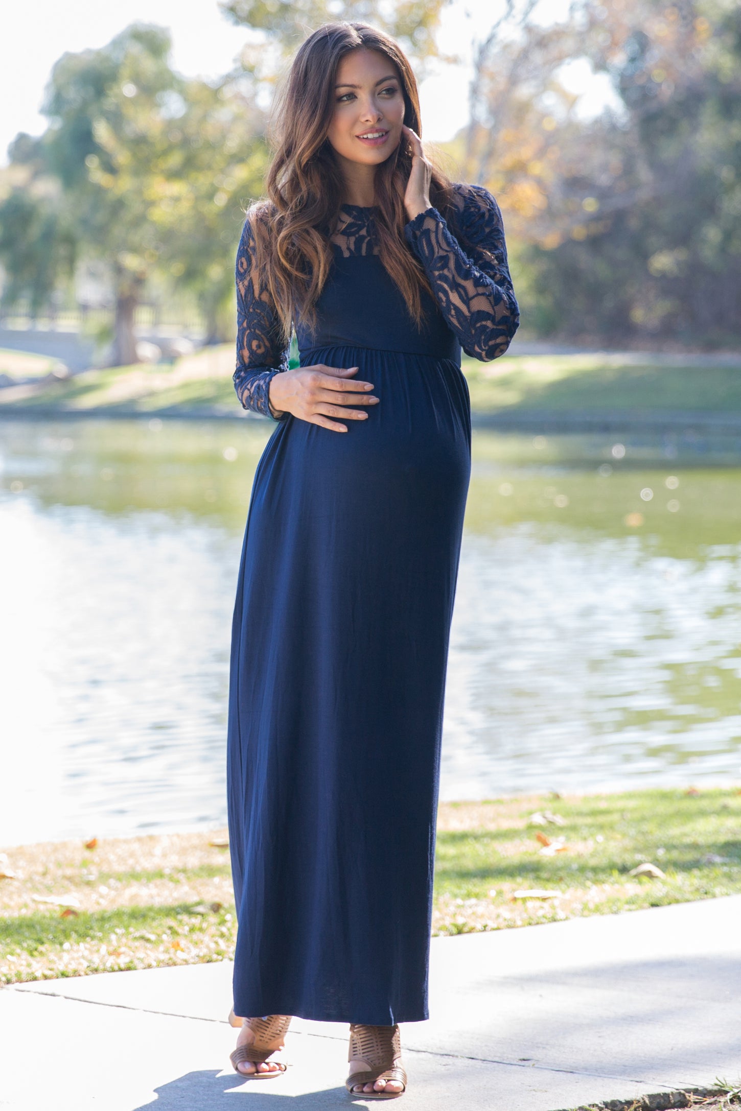 Navy Blue Lace Sleeve Maternity Maxi Dress