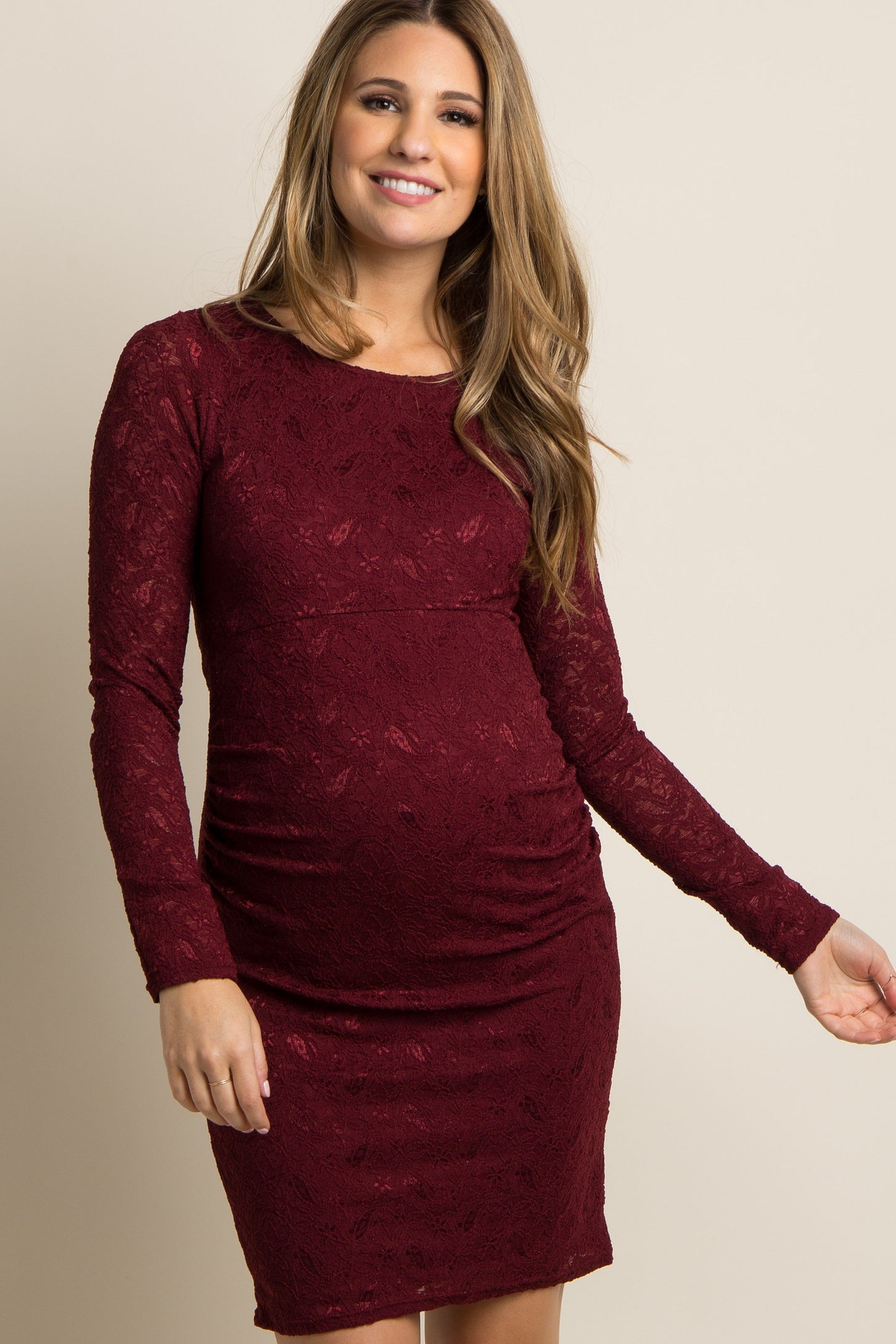 PinkBlush Burgundy Lace Fitted Long Sleeve Maternity Dress