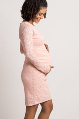 Peach Lace Fitted Long Sleeve Maternity Dress
