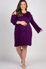 Purple Crisscross Shoulder Bell Sleeve Plus Maternity Dress