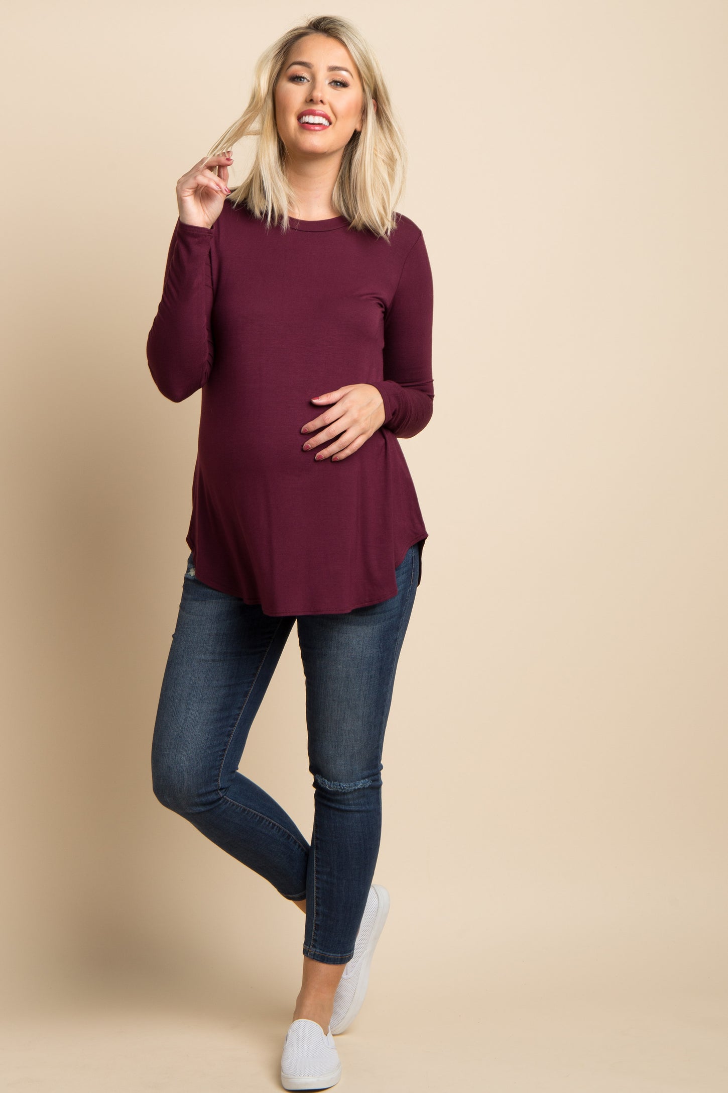 Burgundy Basic Long Sleeve Maternity Top