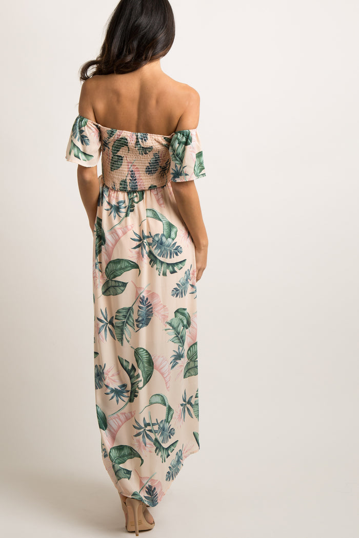 PinkBlush Peach Leaf Print Smocked Off Shoulder Dress