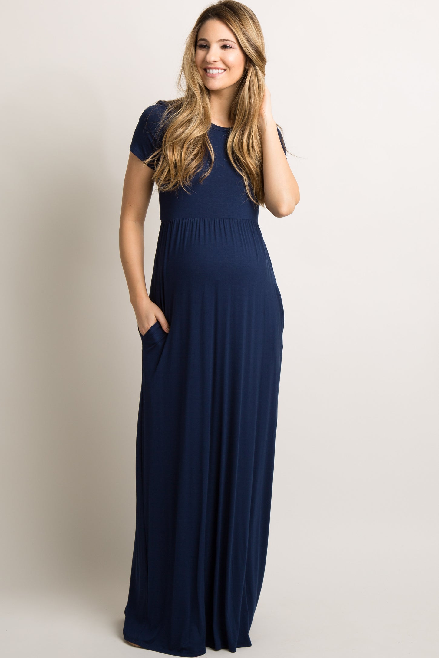 Navy Blue Solid Side Pocket Maternity Maxi Dress