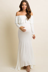 PinkBlush Ivory Off Shoulder Ruffle Maternity Photoshoot Gown/Dress
