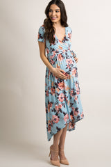 Light Blue Floral Hi-Low Maternity Midi Dress