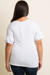 White Solid Ruffle Sleeve Plus Top