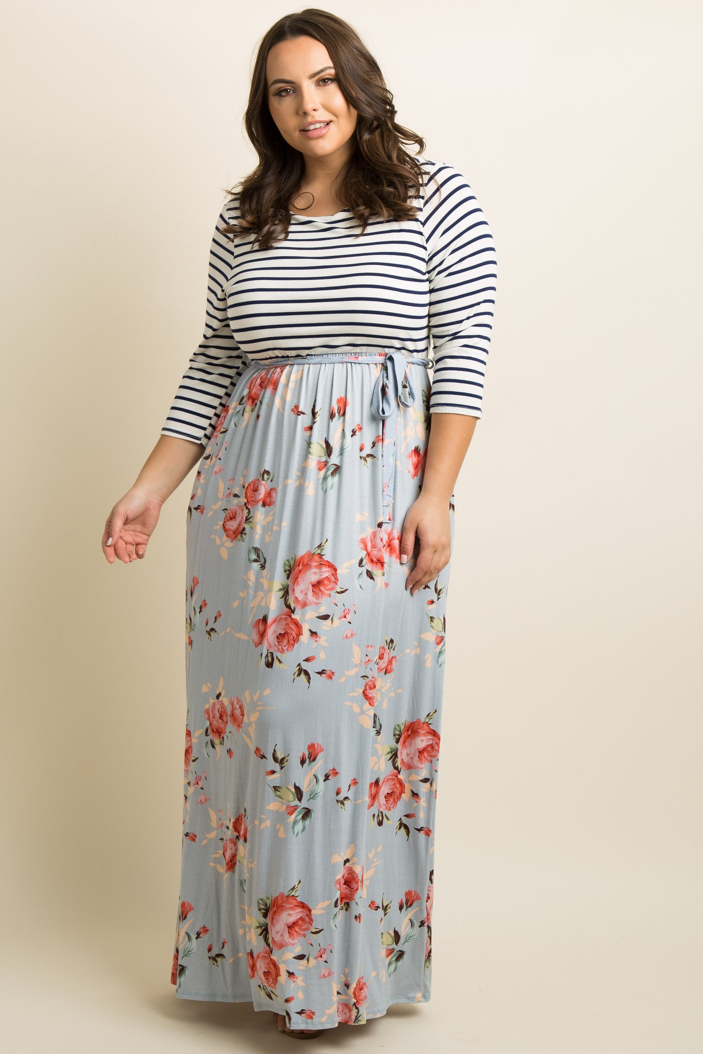 Blue Striped Colorblock Floral Plus Maxi Dress