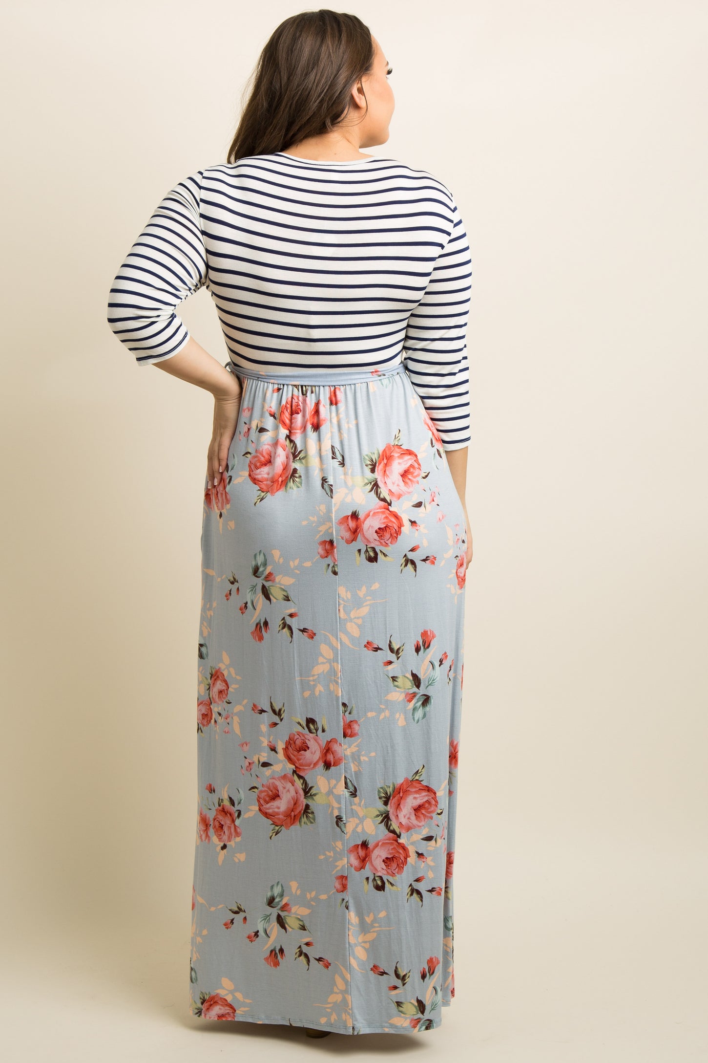 Blue Striped Colorblock Floral Plus Maxi Dress