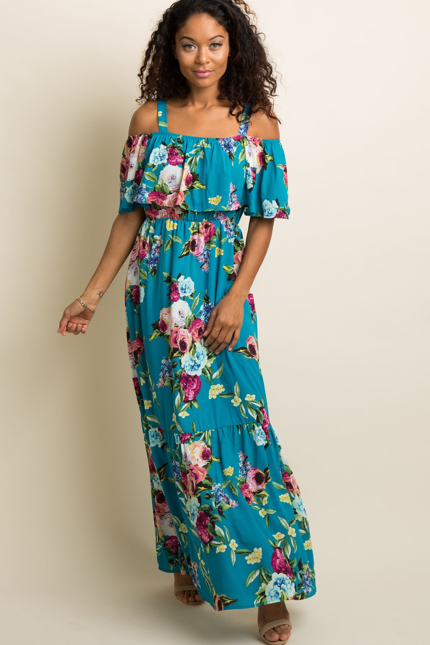 PinkBlush Teal Floral Ruffle Open Shoulder Maternity Maxi Dress