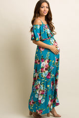 PinkBlush Teal Floral Ruffle Open Shoulder Maternity Maxi Dress