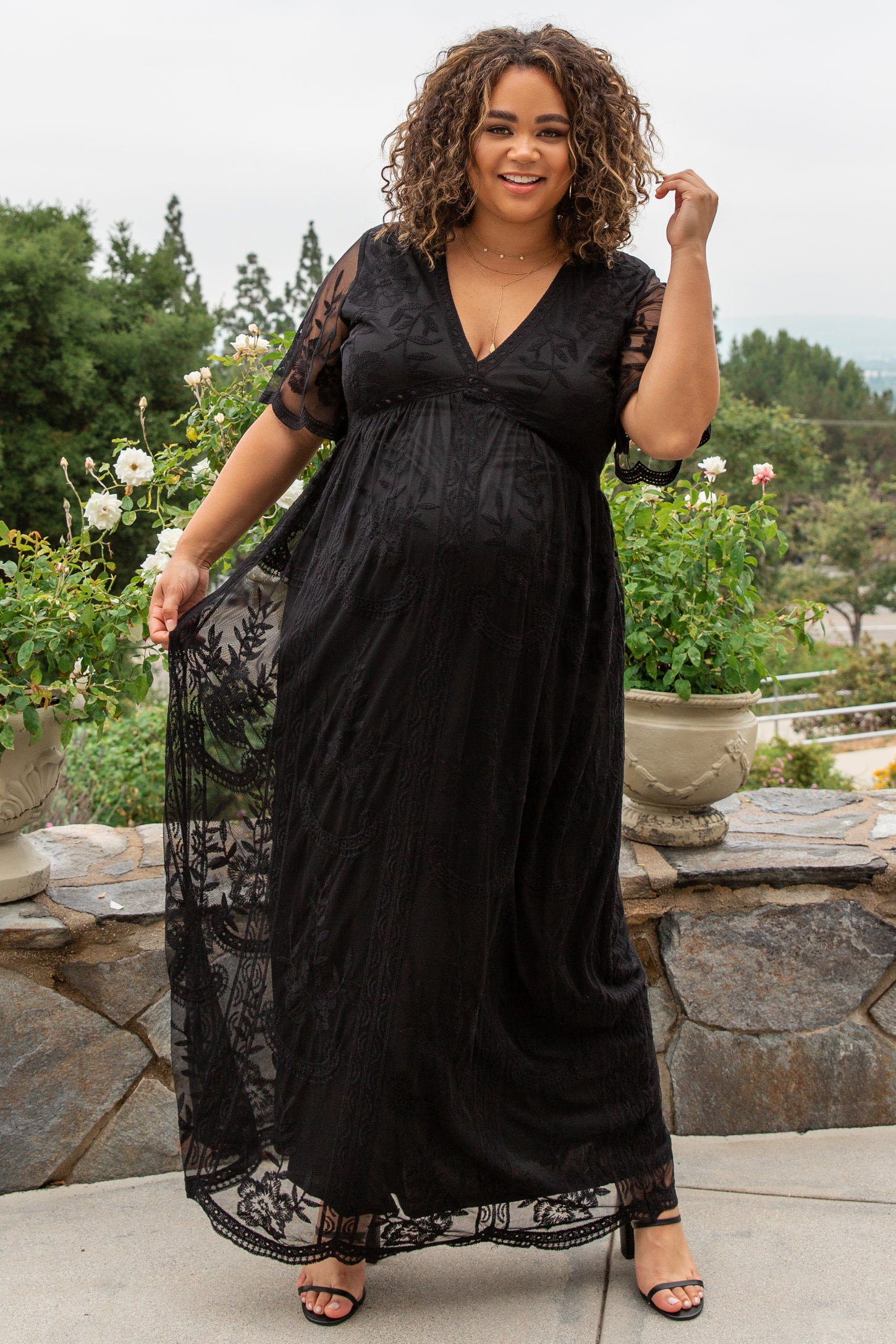 PinkBlush Black Lace Mesh Overlay Maternity Plus Maxi Dress