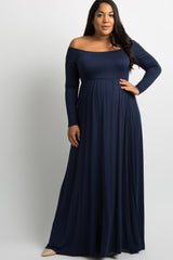 PinkBlush Navy Blue Solid Off Shoulder Maternity Plus Maxi Dress