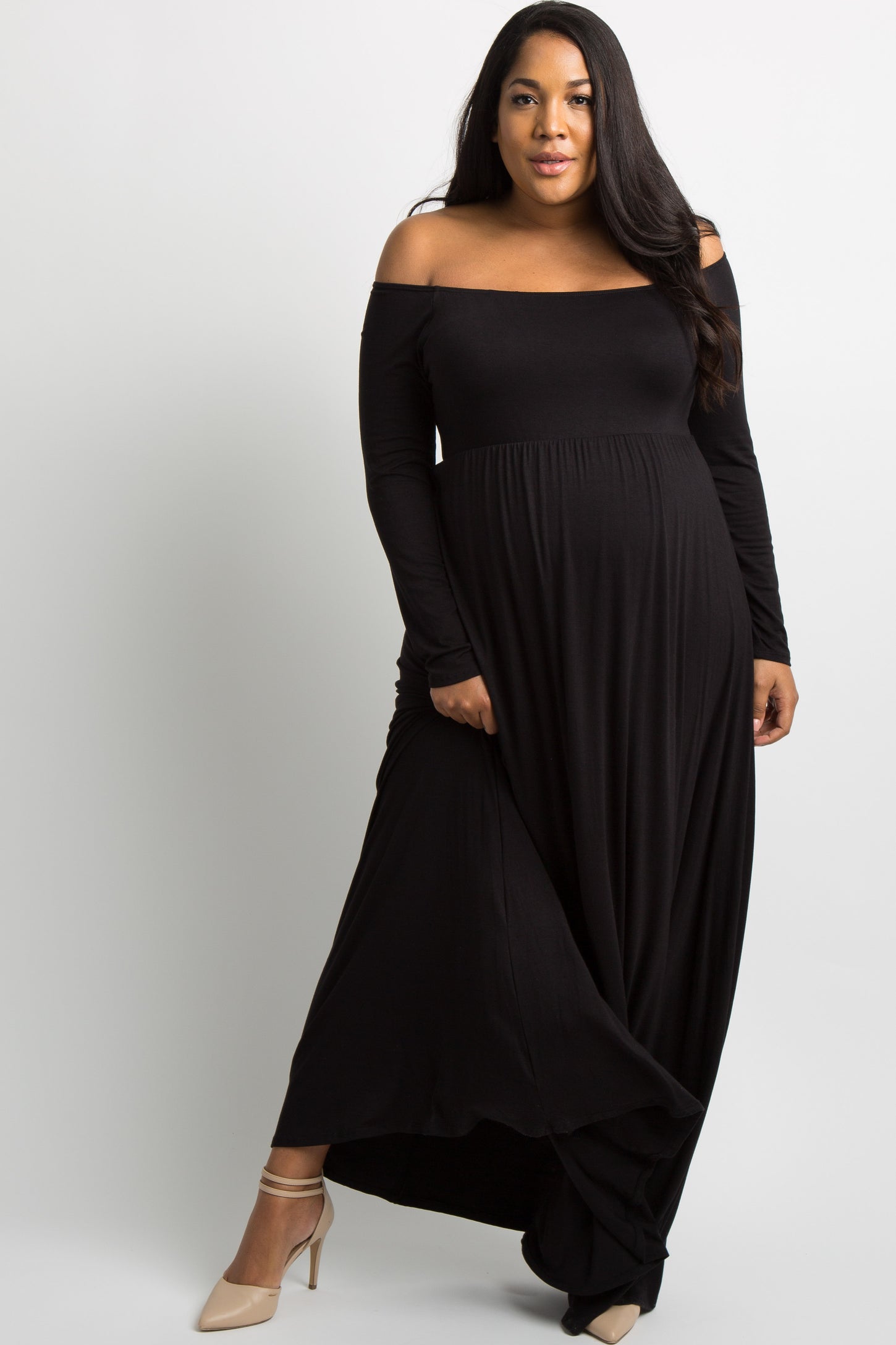 PinkBlush Black Solid Off Shoulder Plus Maternity Maxi Dress