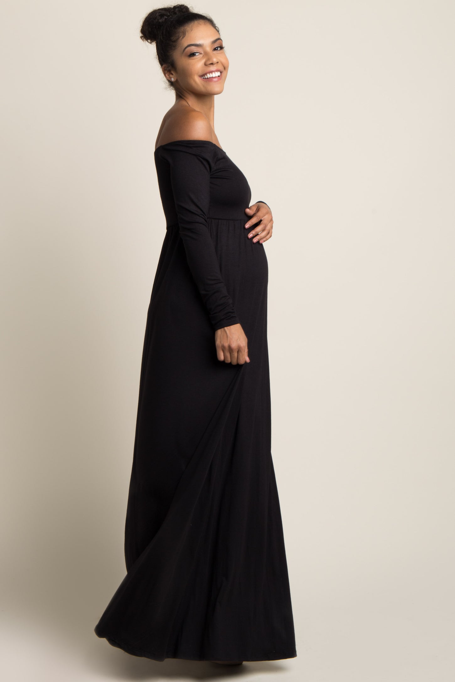 PinkBlush Tall Black Solid Off Shoulder Maternity Maxi Dress