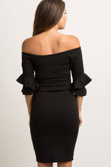 Black Layered Flounce Sleeve Fitted Maternity Dress
