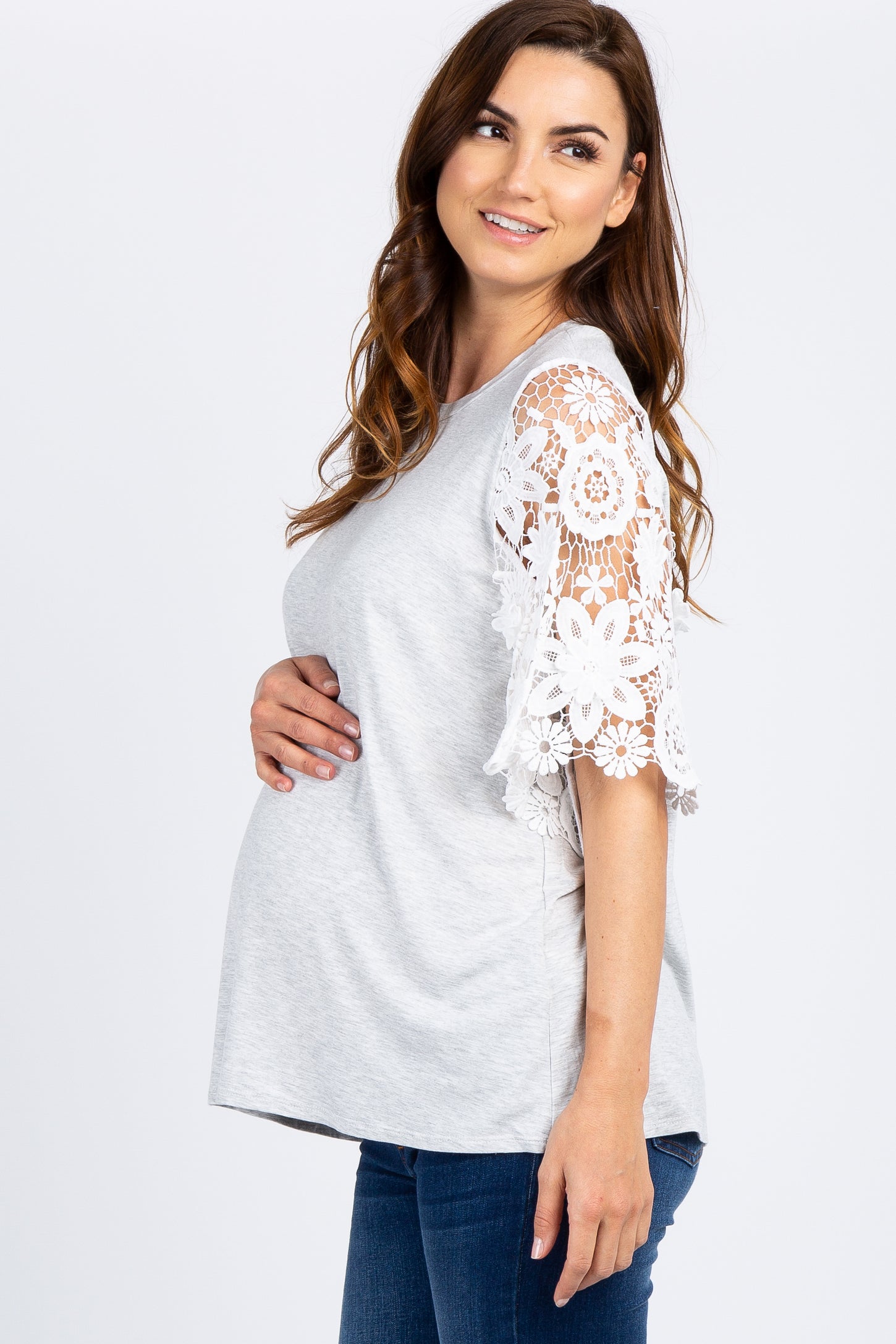 Heather Grey Crochet Bell Sleeve Maternity Top