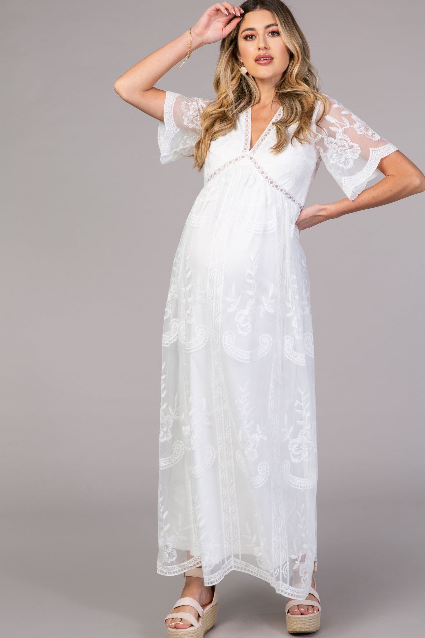 PinkBlush White Lace Mesh Overlay Maternity Maxi Dress