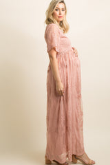Light Pink Lace Mesh Overlay Maternity Maxi Dress