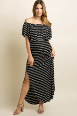 Black Striped Ruffle Off Shoulder Maternity Maxi Dress