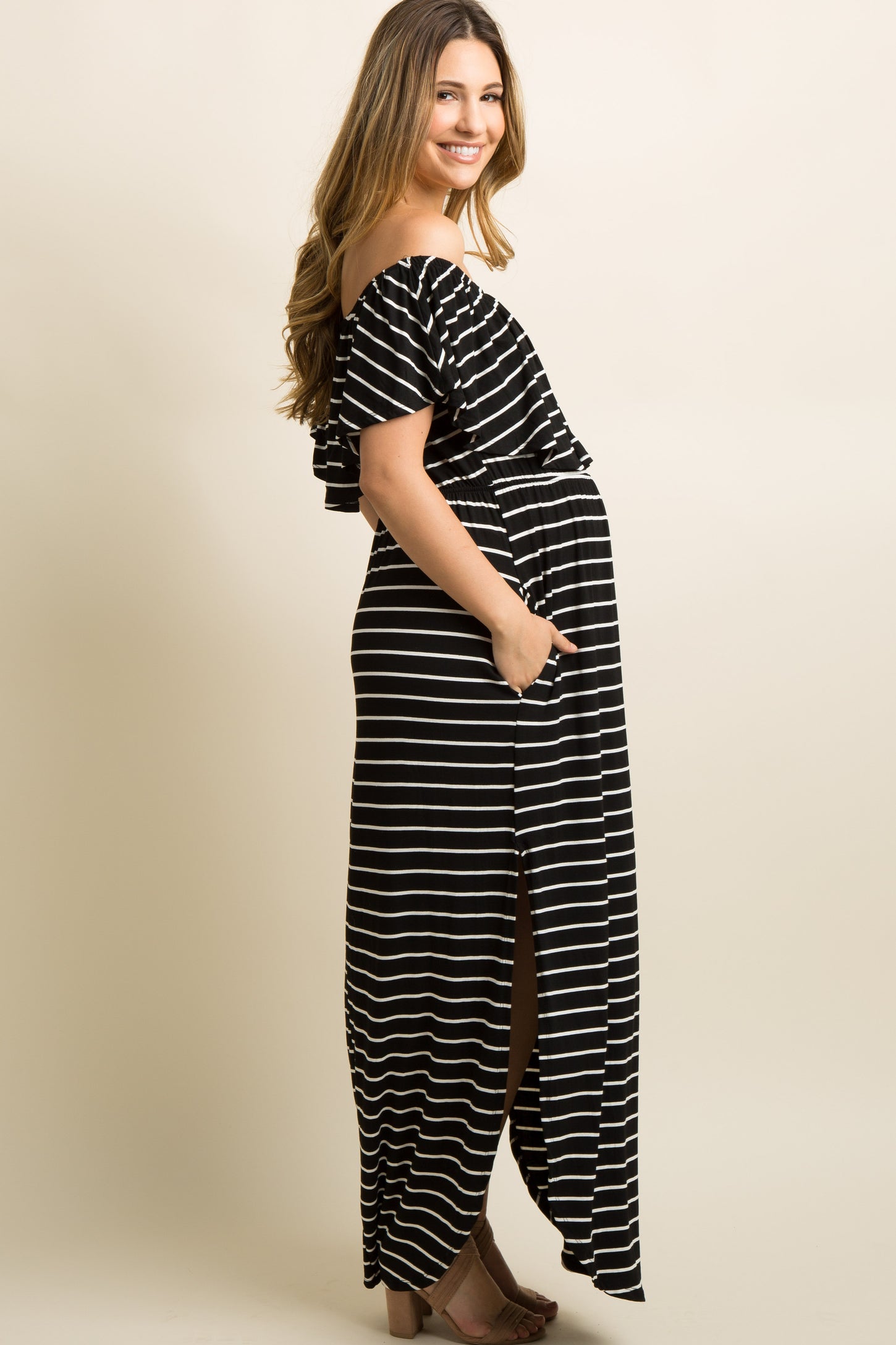 Black Striped Ruffle Off Shoulder Maternity Maxi Dress