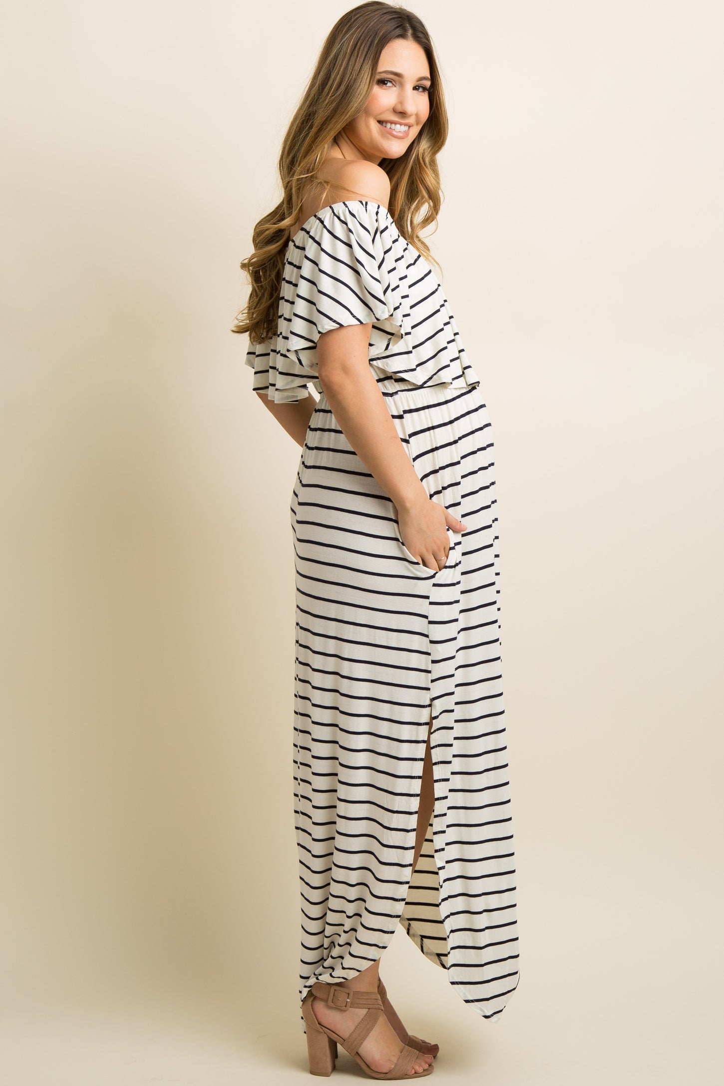Ivory Striped Ruffle Off Shoulder Maternity Maxi Dress