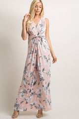 Light Pink Floral Sleeveless Knot Front Maternity Maxi Dress
