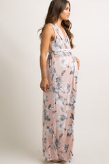 Light Pink Floral Sleeveless Knot Front Maternity Maxi Dress
