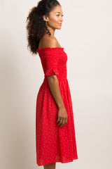 Red Polka Dot Smocked Midi Dress
