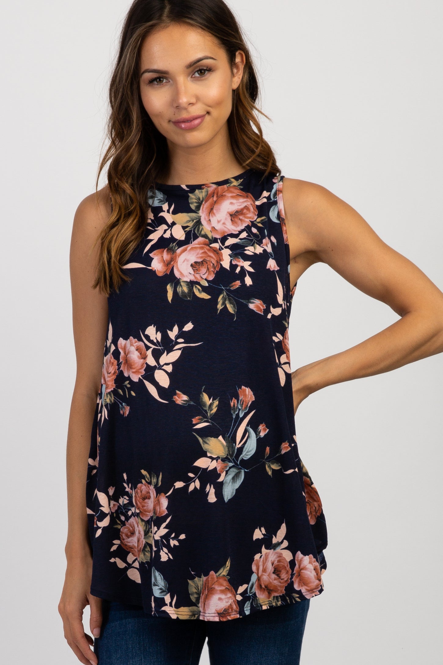Navy Blue Floral Sleeveless Maternity Top