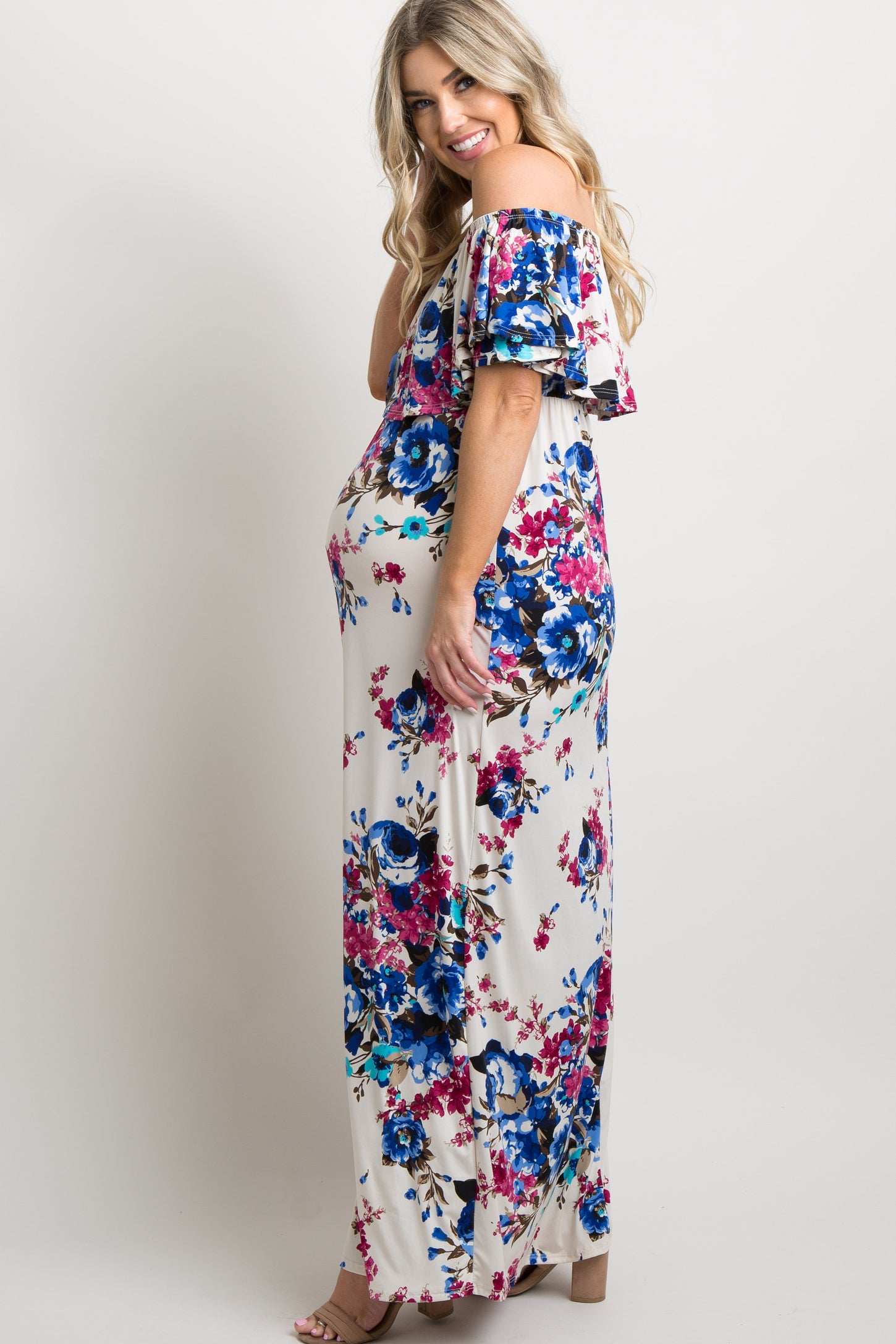 PinkBlush Ivory Floral Ruffle Off Shoulder Maternity Maxi Dress