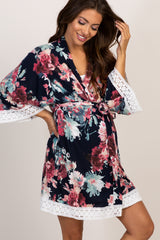 PinkBlush Navy Blue Floral Lace Trim Delivery/Nursing Maternity Robe